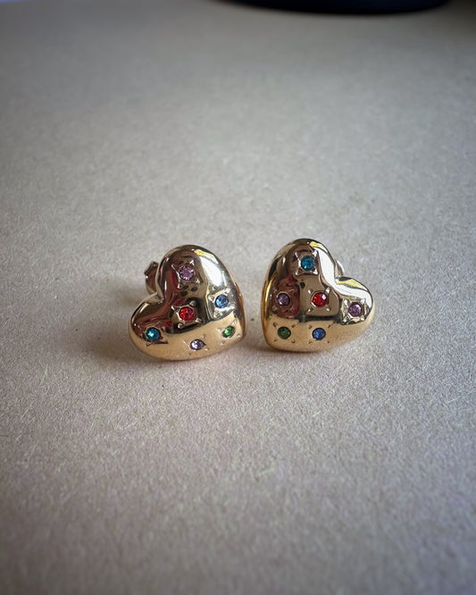 Heart studs earrings with colourful rhinestones