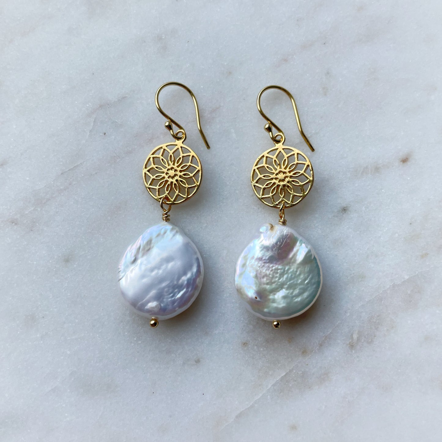 Coin Pearl and Mandala earrings