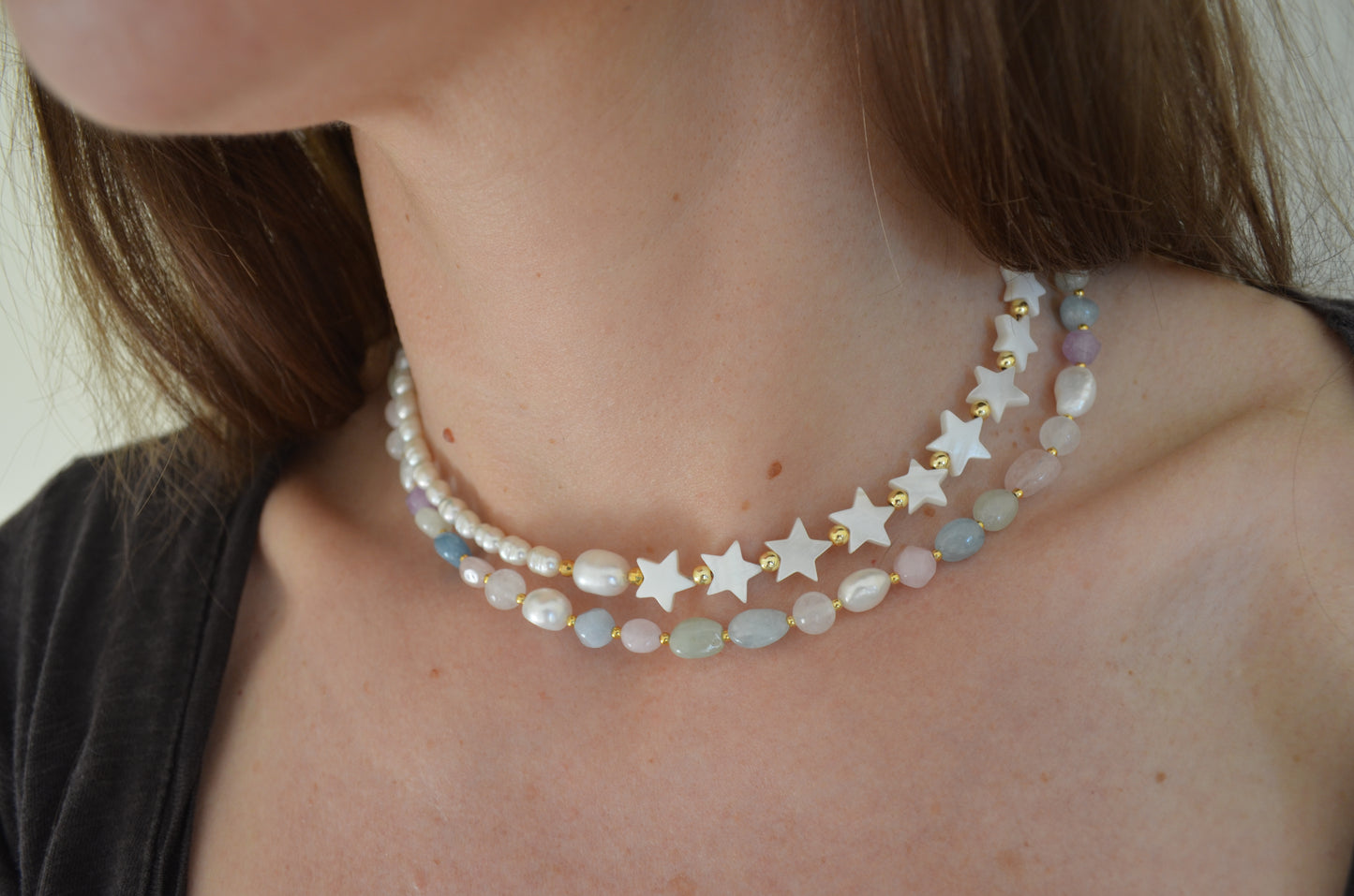 Asymmetric Pearls and Stars necklace